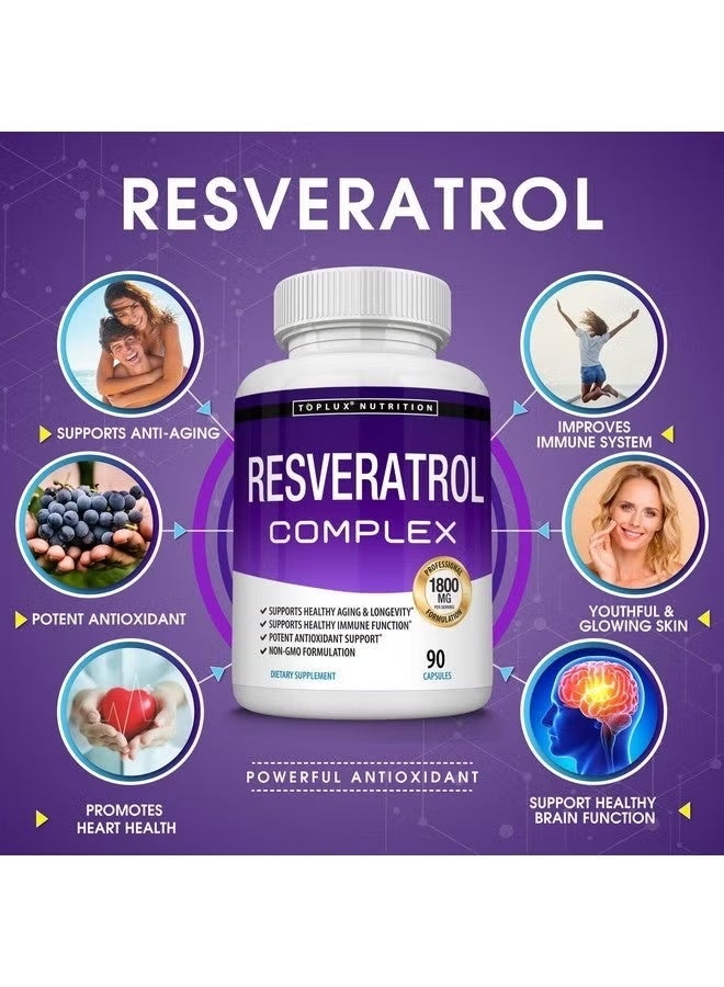 Toplux Resveratrol Supplement 1800 mg Antioxidant Complex - Highly Potent Natural Trans-Resveratrol Pills for Healthy Aging, Overall Health Support, Immune System, Brain Function, for Men Women, 90 Capsules - Image 4